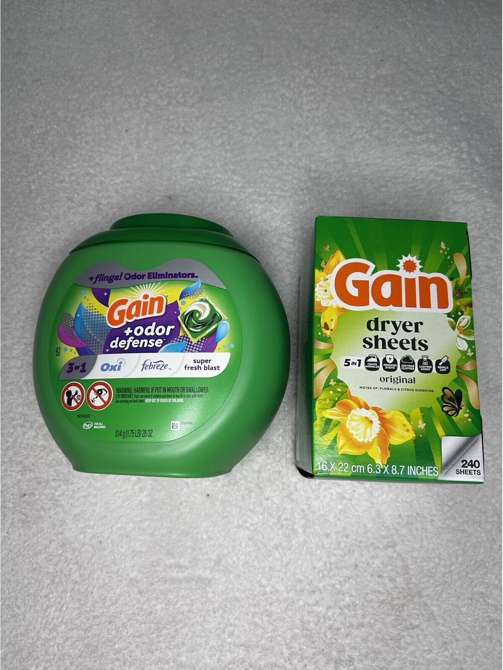Gain Flings 42ct + Bonus Gain Dryer Sheets 240 Count Laundry Bundle
